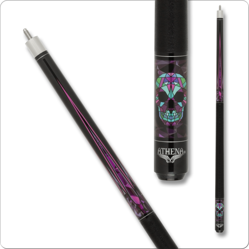 Athena ATH56 Pool Cue Black with green, pink, purple kaleidoscope skull