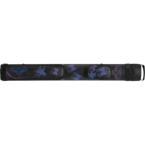 Athena ATHC08 Cue Case black with vibrant blue and purple flowers and butterflies