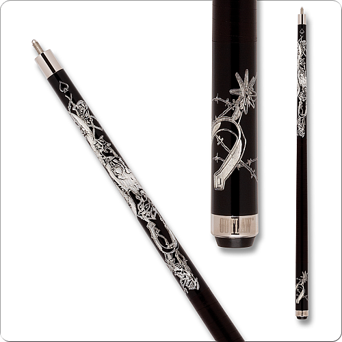 Outlaw OL62 Thunder Series Cue Black with Spur with roses and barb wire design branded by hand and painted white